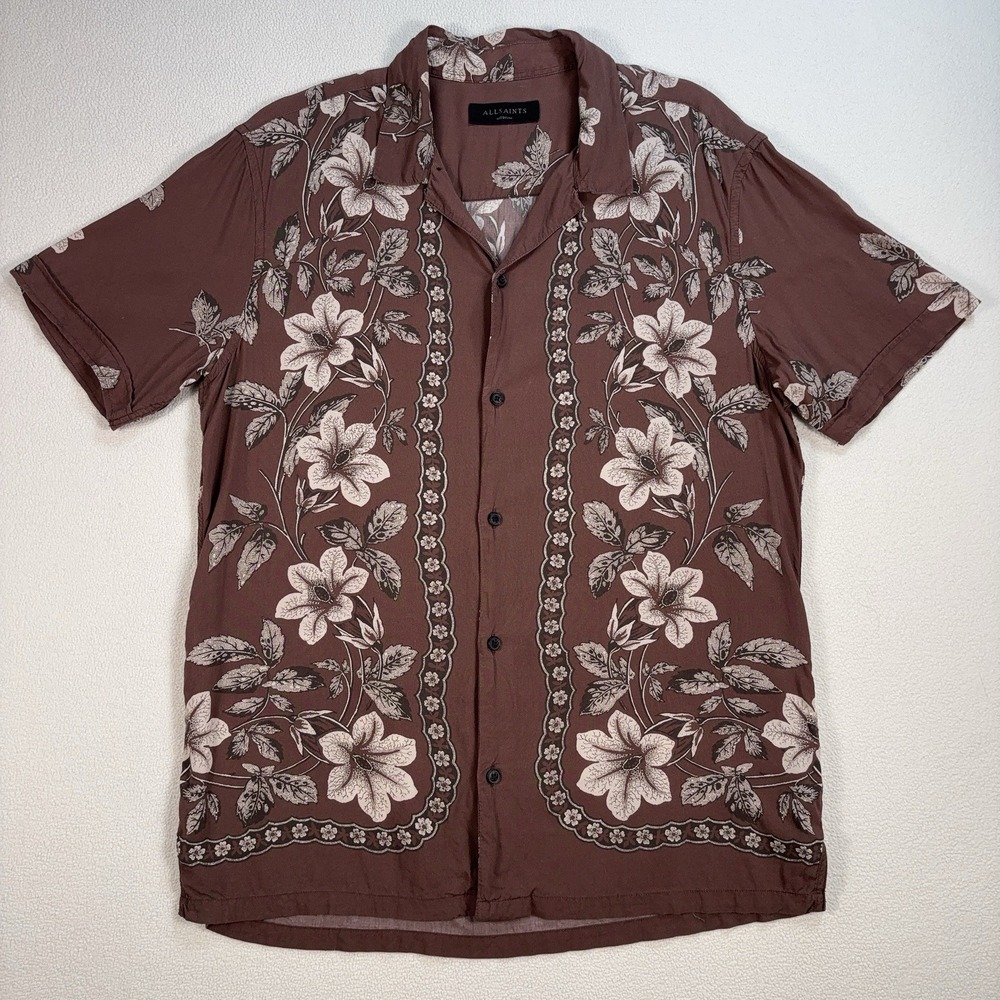 AllSaints Baton‎ Shirt Men's M Brown Floral 100% Viscose Loop Collar Resort Camp